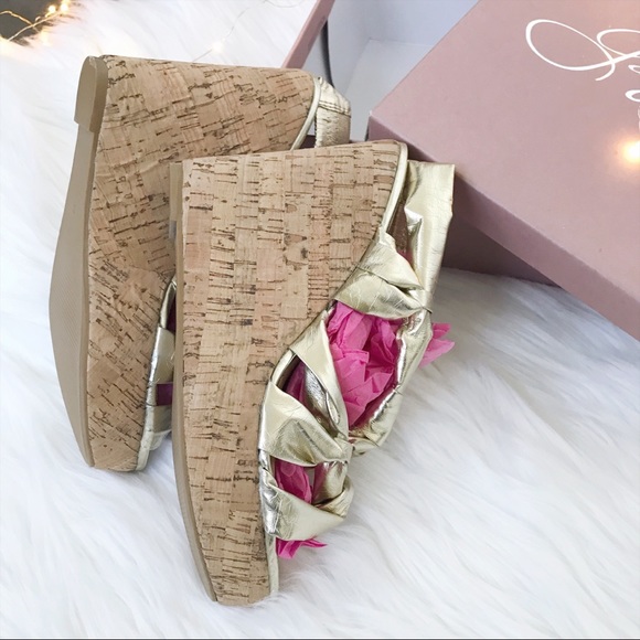 Gweneth Shoes - Gweneth Metallic Gold Cork Wedge Sandal Heel